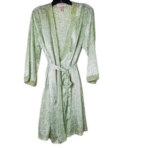 Oscar De La Renta Women's Green Floral Satin Robe with Chiffon Trim
